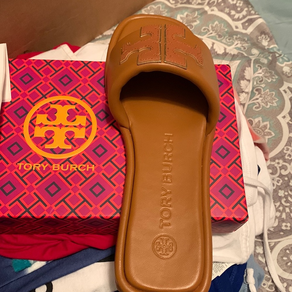 Authentic Tory Burch Double T sport slide. Size 6.5. Camel color